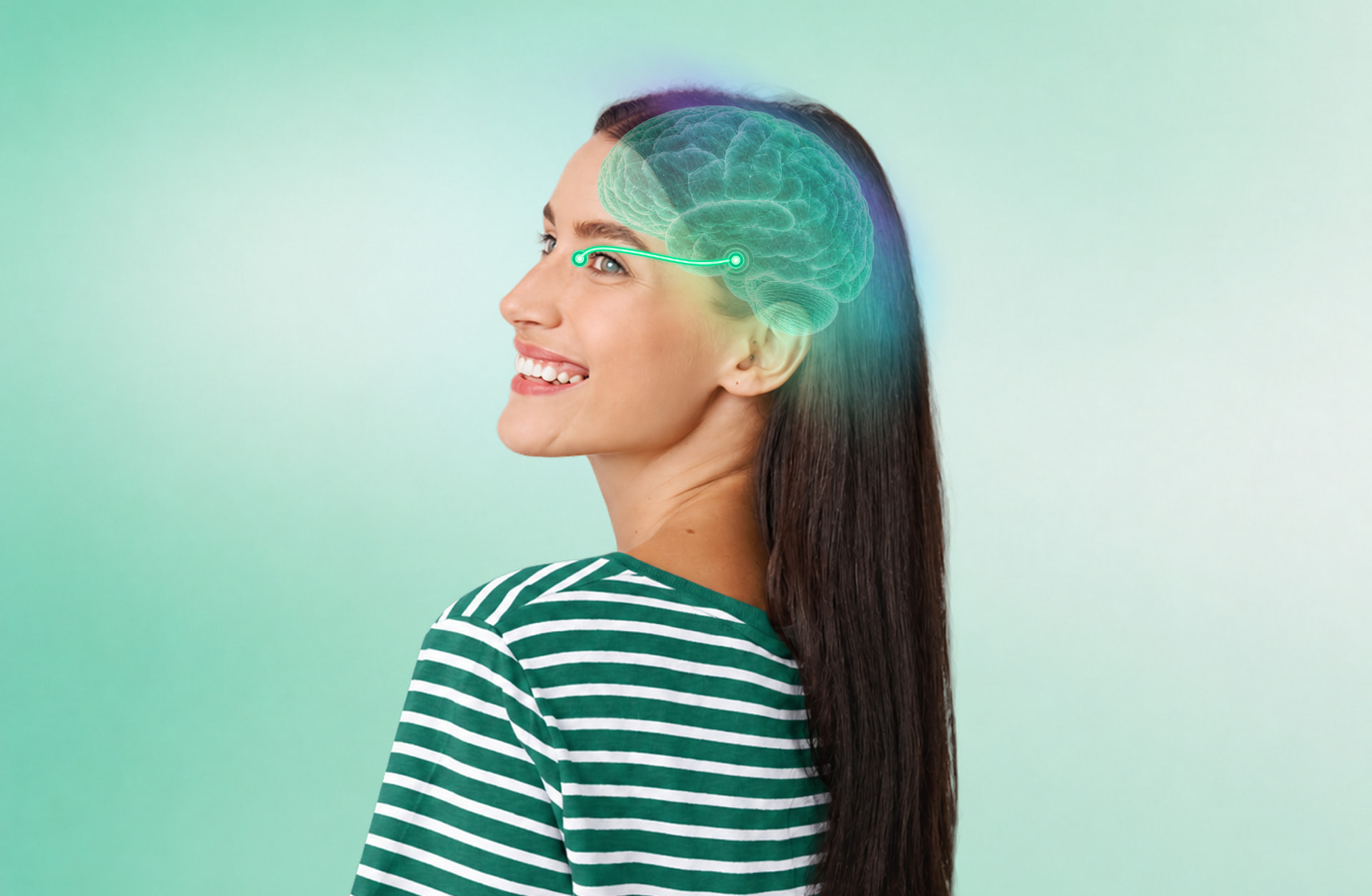 Woman with a digital brain visualization overlay